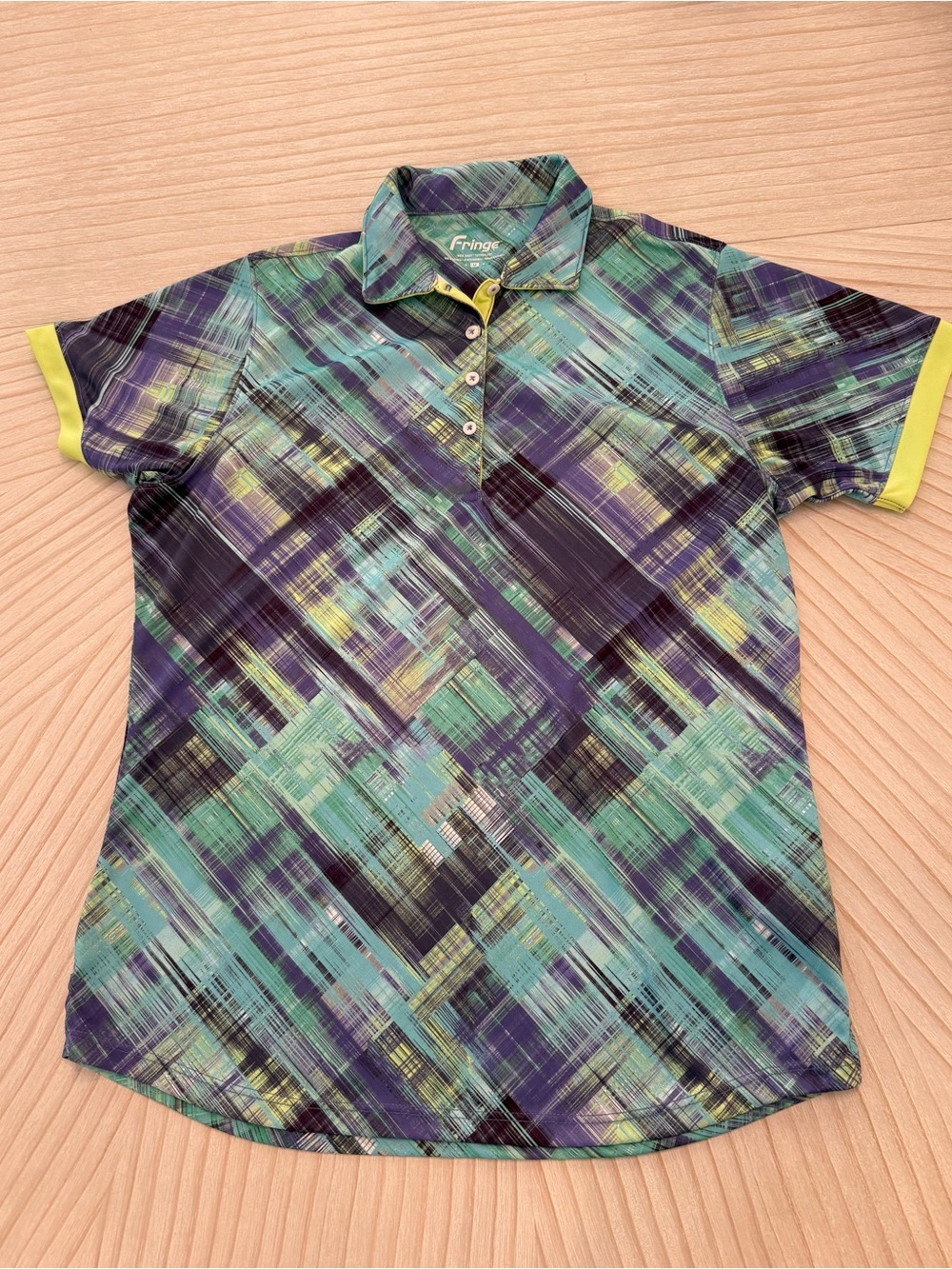 Fringe Studio Teal Green Purple Plaid Short Sleeve Polo with Lime Trim